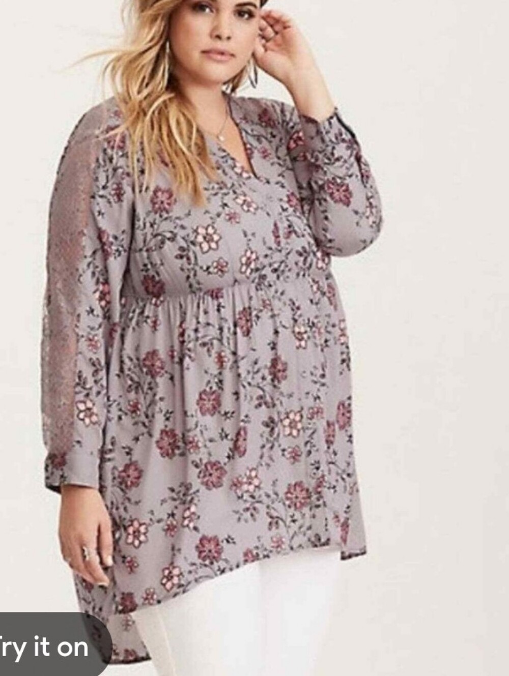 Torrid Lavender Floral Lace-Inset Long Sleeve Tunic Sz 4
